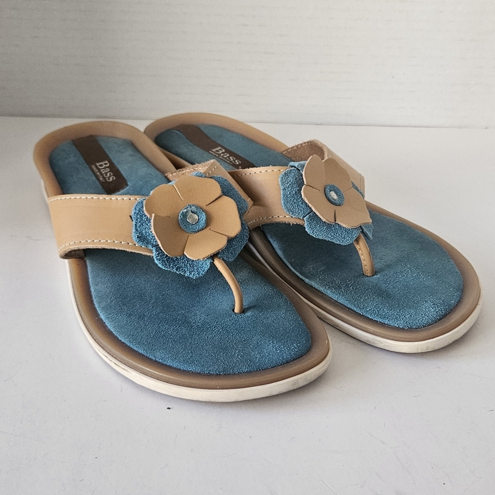 Bass Etta Turquoise Floral Leather Thong Sandals Size 7.5